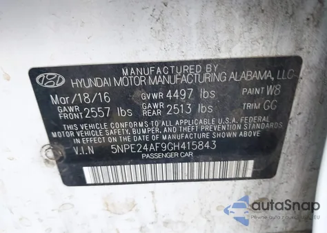 2016 Hyundai Sonata Se from USA, damaged, VIN 5NPE24AF9GH415843